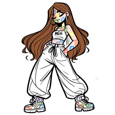 girl in baggy pants crop top and long hair