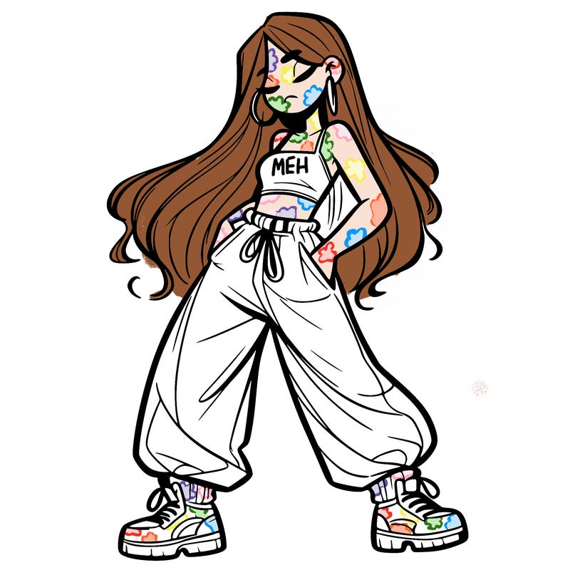 girl in baggy pants crop top and long hair