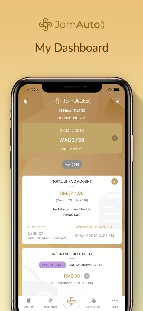 JomAuto - Panel de la aplicación JomAuto que muestra el saldo del préstamo del automóvil y la cotización del seguro.