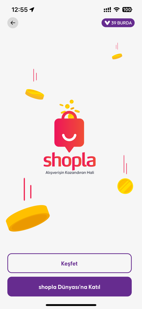 Welcome screen of the Shopla app featuring a shopping bag logo and falling gold coins.