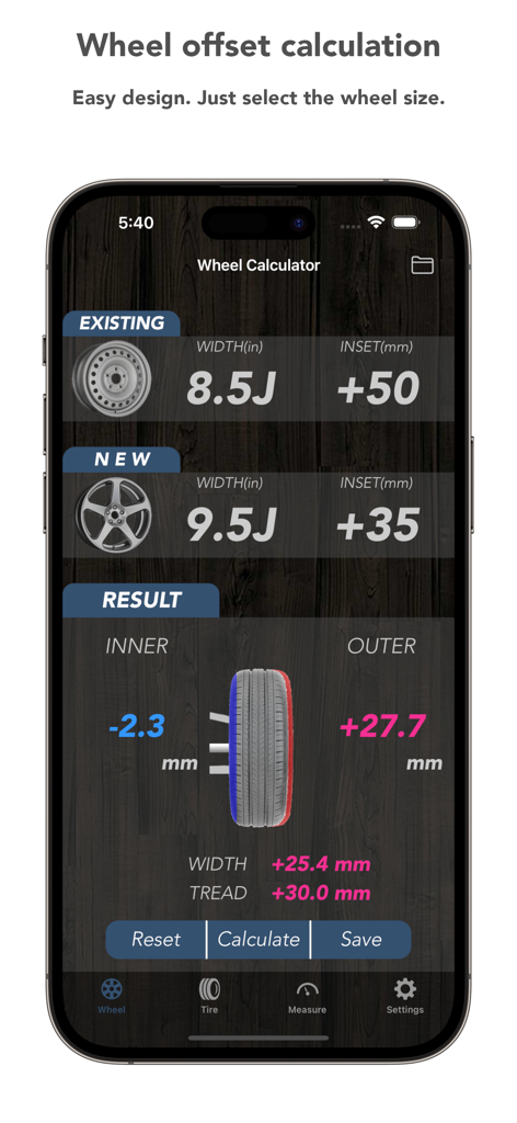 Tire Calculator (Offset&Speed) - Mobile app interface showing wheel offset calculation with inner and outer rim changes