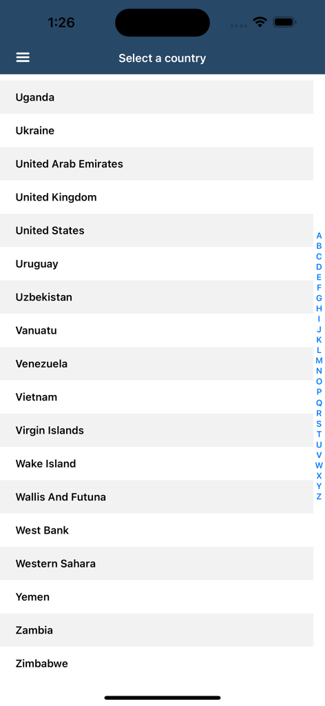 Lista de selección de países en la aplicación NOAA AWC Aviation Weather PRO que muestra una lista alfabética para el acceso a datos meteorológicos.