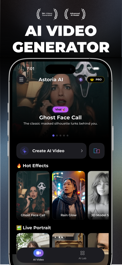 AI Video Generator Astoria - Interfaz de la aplicación móvil Astoria AI para generar vídeos creativos con filtros de moda