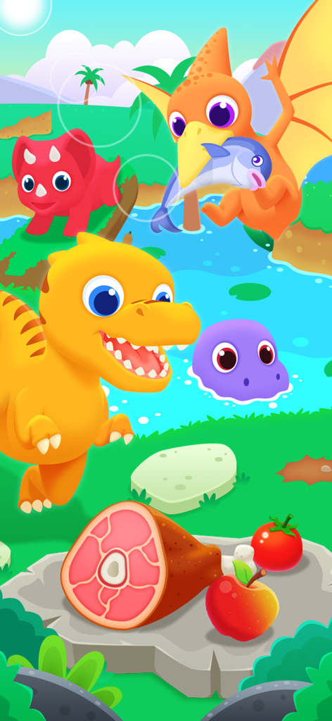 Dinosaures de dessin animé rassemblés autour d'une assiette de viande et de fruits dans un paysage préhistorique