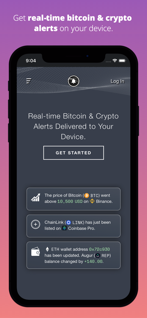 Home screen of the Cryptocurrency Alerting app showing real-time price alerts and exchange listing notifications on a mobile device.