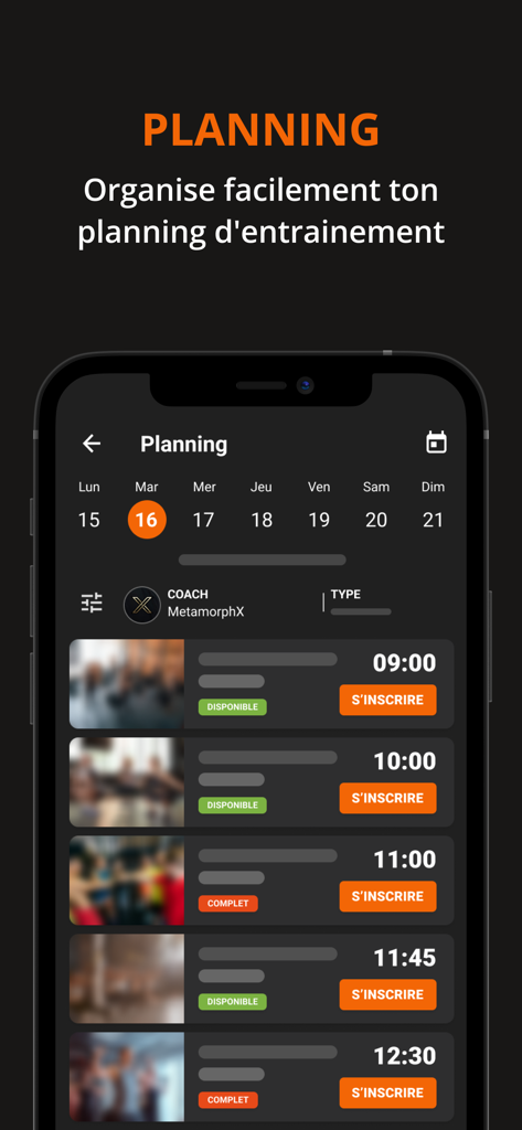 MetamorphX - MetamorphX mobile app training schedule and session booking interface.