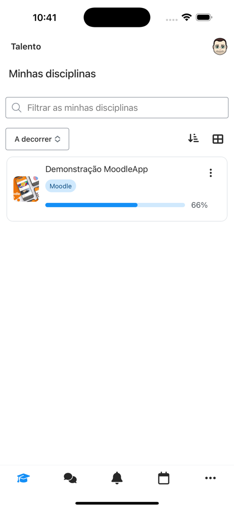 Talento Moodle - The Talento Moodle app interface showing a list of courses with a progress bar at 66 percent