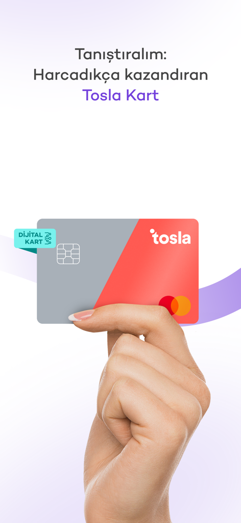 A hand holding a red and grey Tosla prepaid Mastercard with a digital card tag