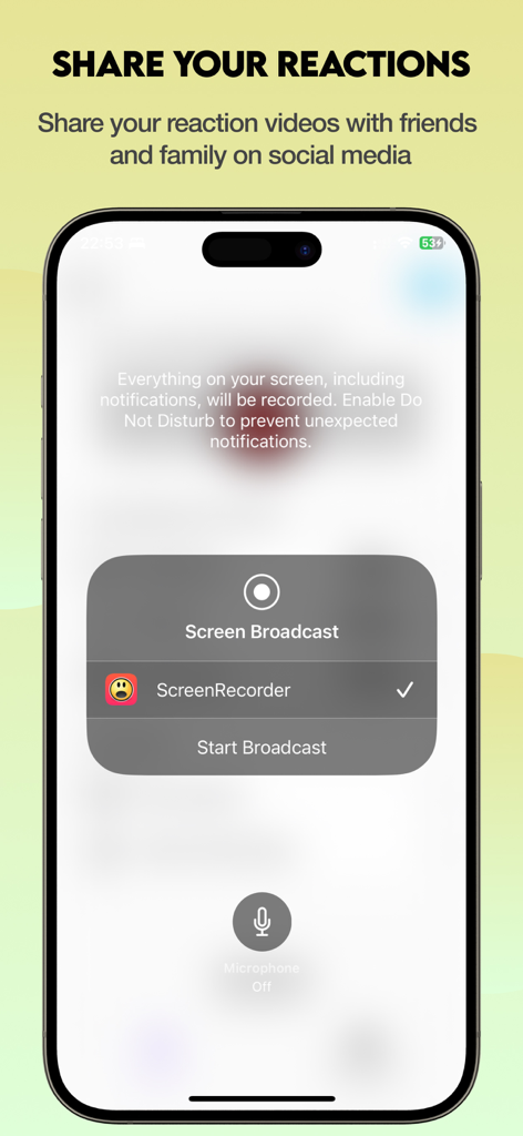 Video Reaction Maker Face Edit - A screenshot of the Video Reaction Maker app showing the iOS screen broadcast interface to record and share reaction videos.