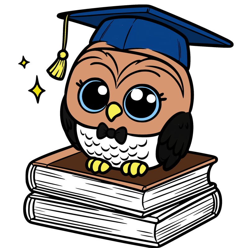 young cartoon owl wearing a graduation cap, sitting on a stack of books