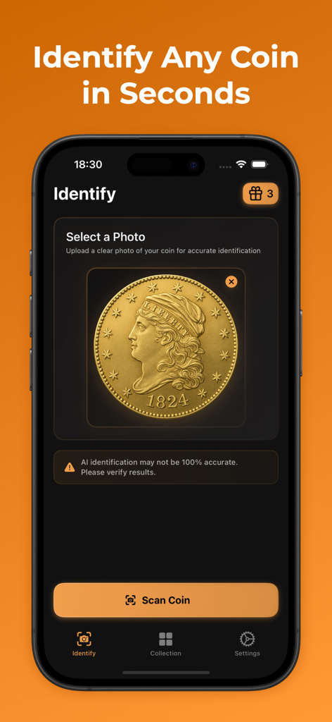 Coin Identifier & Checker - Pantalla de smartphone mostrando la aplicación Identificador de Monedas escaneando una rara moneda de oro de 1824 para identificación