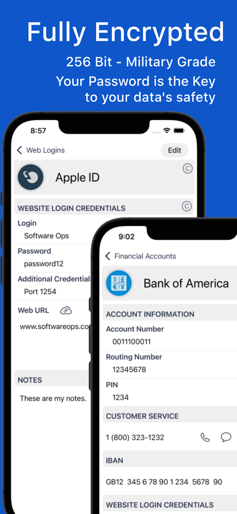 My Eyes Only Password Manager - Screenshot of My Eyes Only app showing secure encrypted storage for Apple ID and Bank of America account details