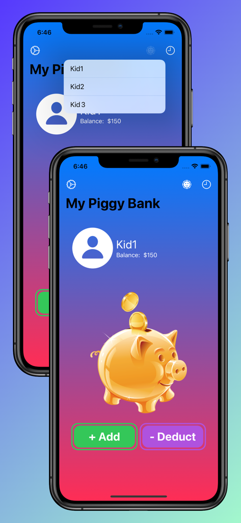 Family Piggy Bank - Interfaz móvil de Hucha Familiar que muestra el saldo de un niño y las opciones de gestión de ahorros