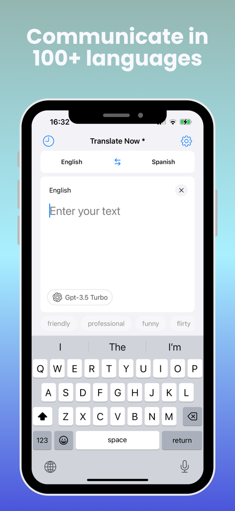 Translate Now * - Interface do aplicativo móvel Translate Now mostrando tradução de texto de inglês para espanhol com seleção de modelo de IA