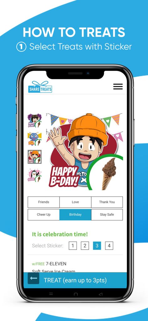 SHARE TREATS - A mobile app screen showing a birthday gift selection with a cartoon sticker and a 7-Eleven ice cream treat.