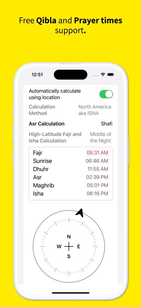 Uma interface de aplicativo móvel exibindo horários diários de oração islâmica e uma bússola Qibla para orientação