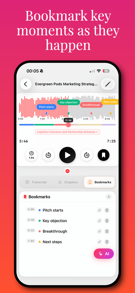 Transcription AI : Voice Notes - Transcription AI app interface showing a list of bookmarks and a color coded audio waveform representing key moments in a recording