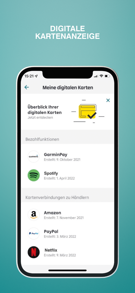 RaiPay app screen displaying a list of connected digital cards and merchant subscriptions like Spotify and Amazon
