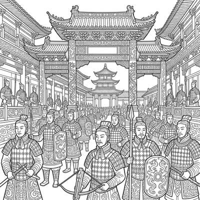 Immerse yourself in ancient Chinese history with this stunning coloring page featuring the powerful Qin Dynasty. Bring to life the stoic Terracotta Army warriors and majestic imperial architecture with your creative touch.