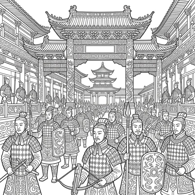 Immerse yourself in ancient Chinese history with this stunning coloring page featuring the powerful Qin Dynasty. Bring to life the stoic Terracotta Army warriors and majestic imperial architecture with your creative touch.