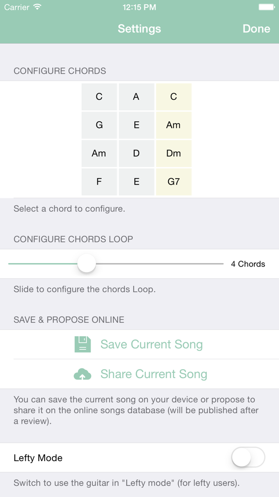 Écran des paramètres de l'application Virtual Guitar pour la configuration des accords et les options de partage de chansons