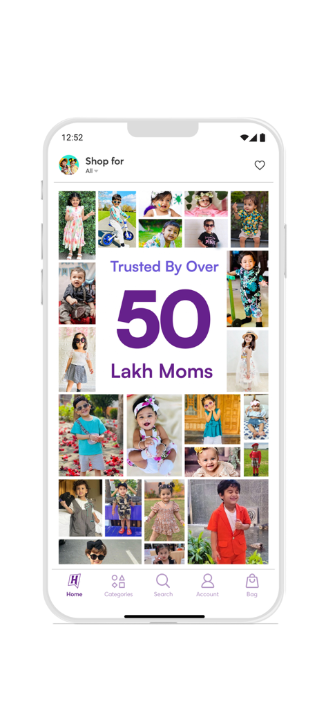 Hopscotch app interface displaying a photo collage of stylishly dressed children and the text Trusted By Over 50 Lakh Moms.