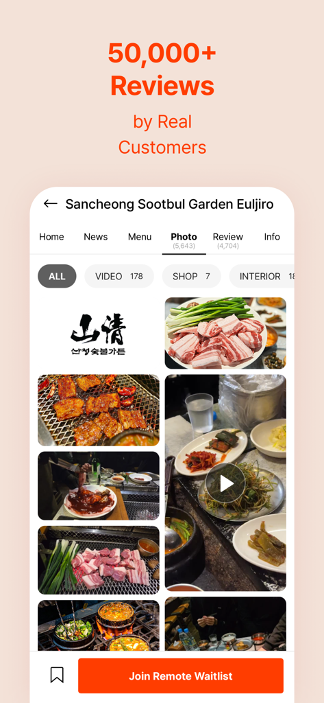 CATCH TABLE app showing restaurant photos reviews and remote waitlist option