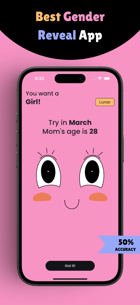 Beby: Predict and Plan - Interface of the Beby app showing a plan to conceive a girl in March for a 28-year-old mother using the lunar calendar
