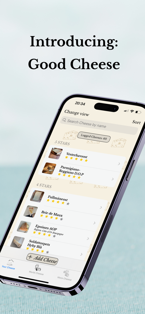 Good Cheese - Smartphone screen displaying the Good Cheese app with a list of rated artisanal cheeses like Parmigiano-Reggiano and Brie