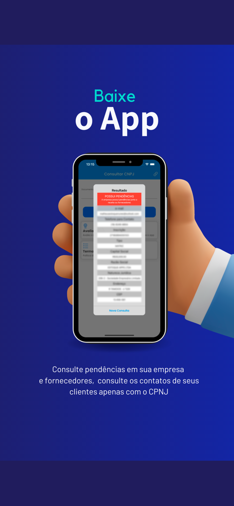 Consulta CNPJ Online - A smartphone displaying a Brazilian company registration search result with a red pending issues alert.