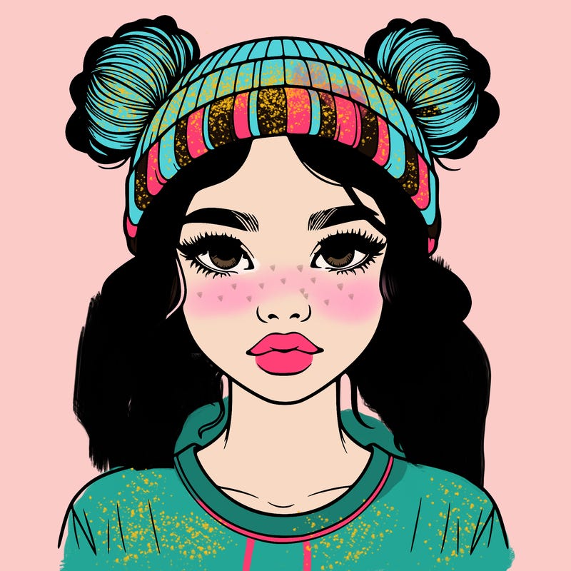 realistic girl with buns in her hair with a beanie on