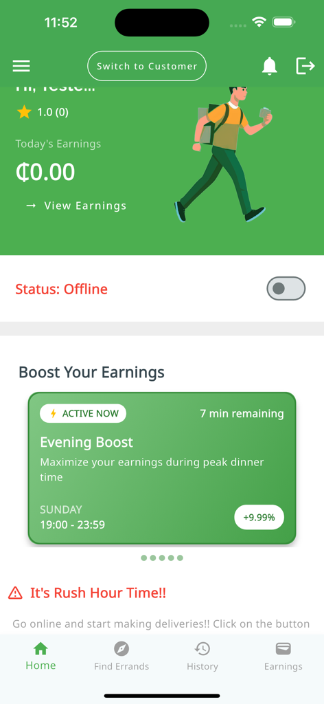 Errand-Earn - Errand-Earn App-Oberfläche mit dem Fahrer-Dashboard, das Einnahmen und eine Boost-Aktion am Abend zeigt