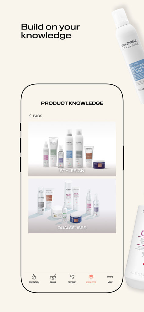 GOLDWELL EDUCATION PLUS - Goldwell Education Plus mobile app interface showing the product knowledge section for professional hair care lines like Stylesign and Dualsenses.