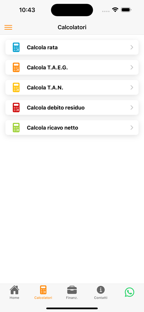 Interfaz de la aplicación Calcola Prestito que muestra una lista de calculadoras de préstamos para cuotas, TAE y deuda residual.