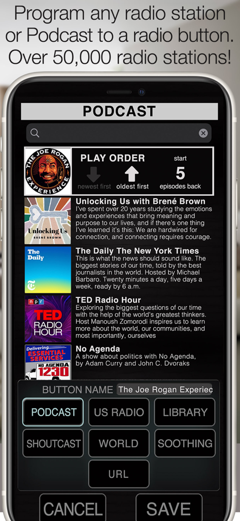Best Clock Radio & Podcast - Interface para programar podcasts e estações de rádio em botões predefinidos no aplicativo Melhor Rádio Relógio.