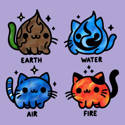 4 cats that represent the different elements, earth, water, air, and fire