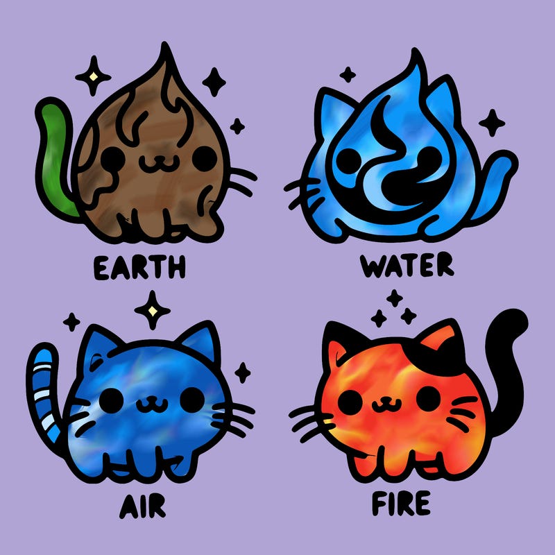 4 cats that represent the different elements, earth, water, air, and fire