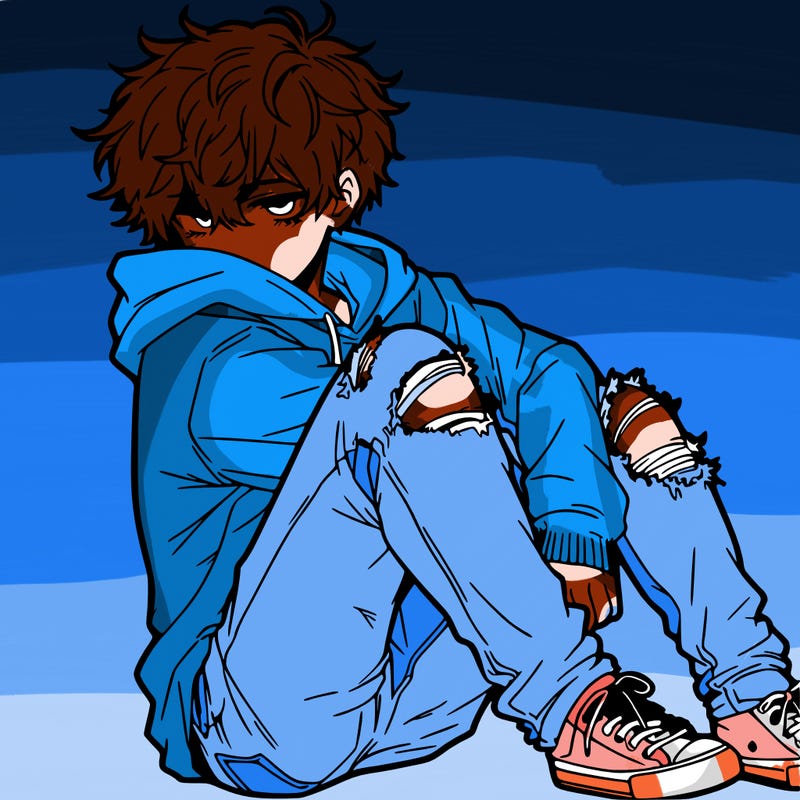 a male hoddie ripped jeans messy hair anime