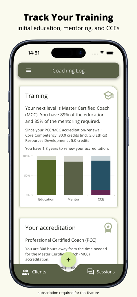 A mobile app screen showing progress charts for coach training education mentoring and CCE credits toward ICF certification