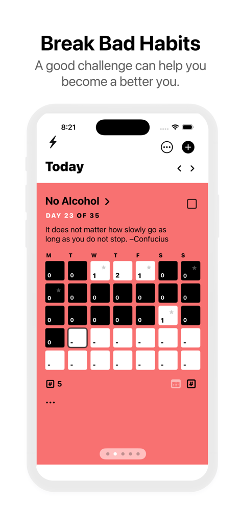 90 Day Challenge : Day by Day - Mobile app interface for the 90 Day Challenge showing a progress tracker for a no alcohol habit.