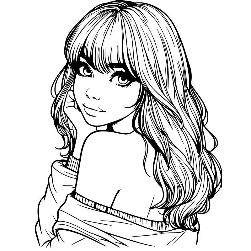 realistic girl with bangs looking over her shoulder