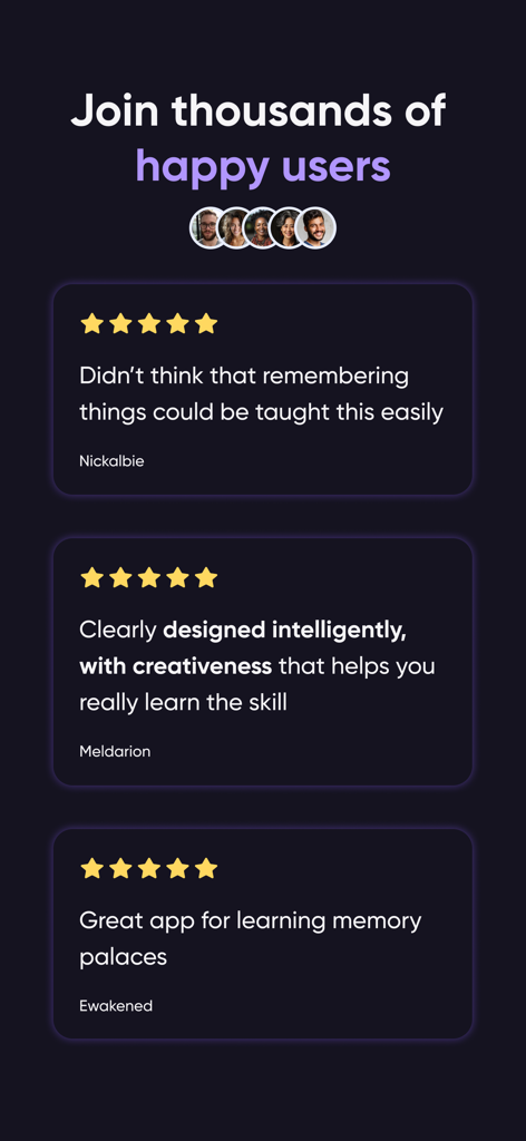 memoryOS・Improve Memory Skills - A screen displaying positive user reviews and five-star ratings for the memoryOS app.