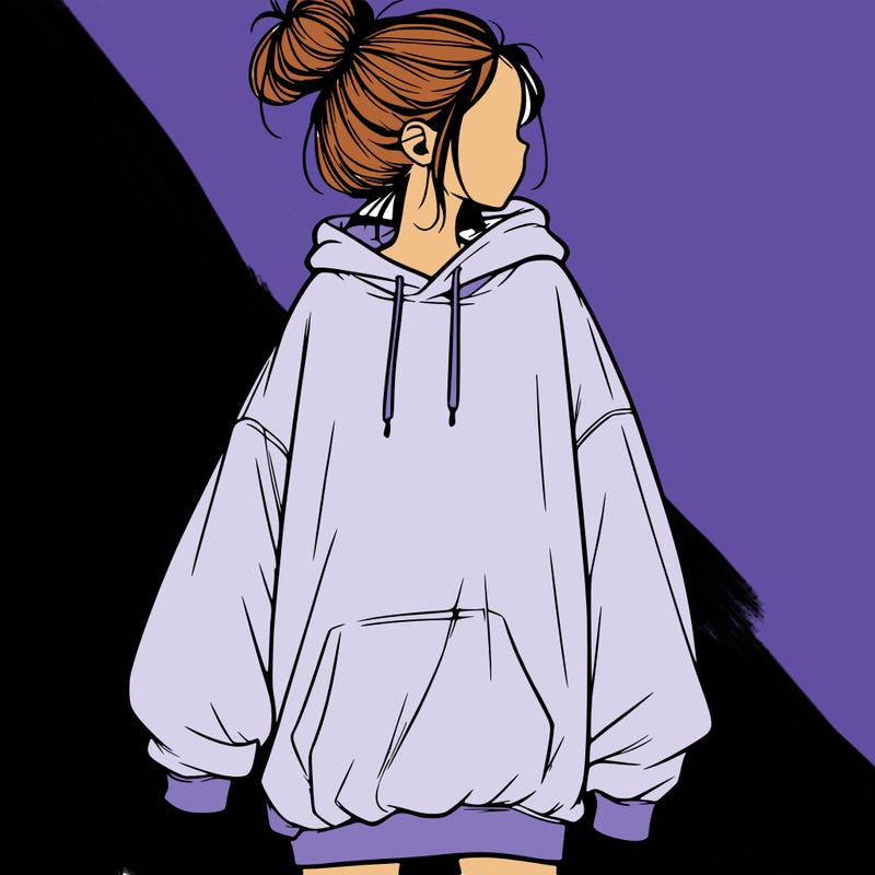 realistic girl with a oversized sweatshirt on and a bun