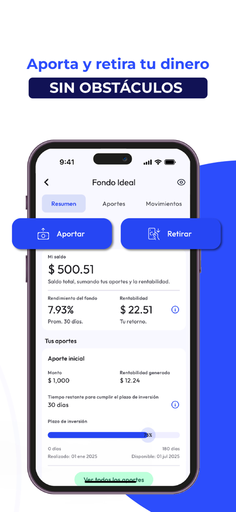 Investo - Investo app interface showing investment fund summary and options to contribute or withdraw