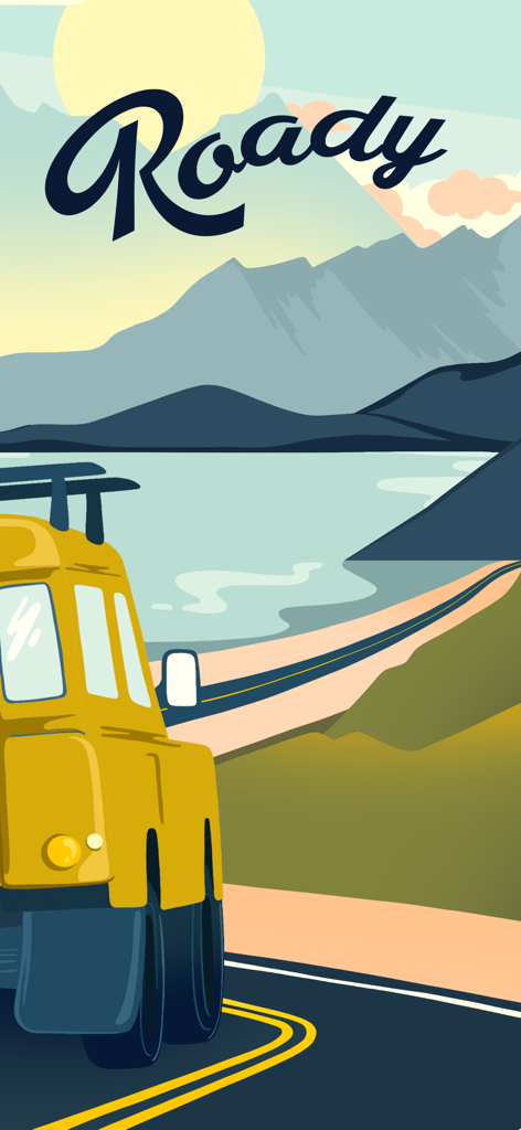 A yellow off-road vehicle driving on a scenic coastal road with mountains in the background and the Roady logo
