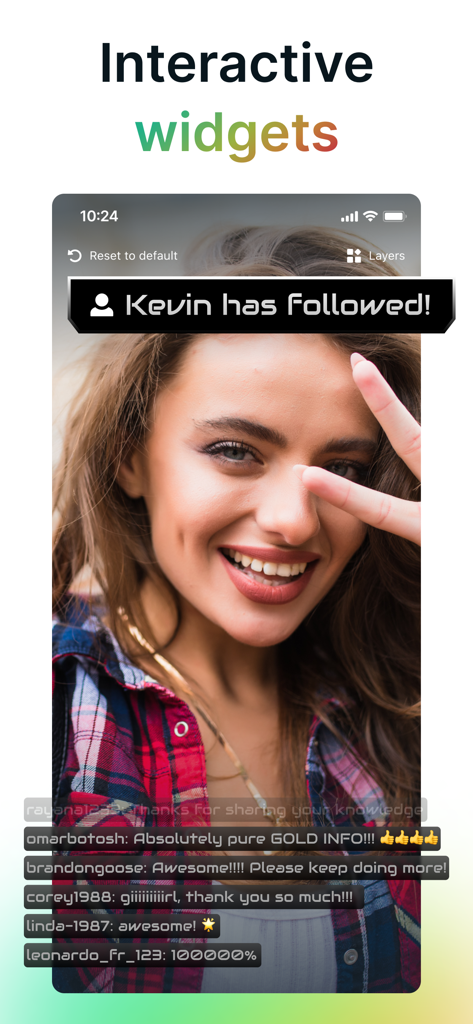 Streamlabs: Live Streaming App - A mobile live stream interface showing follower alerts and interactive chat widgets