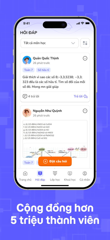 OLM - Capture d'écran de l'application éducative OLM montrant la section Q&R communautaire pour les étudiants vietnamiens avec plus de 5 millions de membres