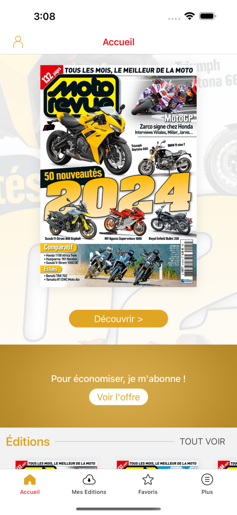 Moto Revue Magazine - Schermata principale dell'app Moto Revue Magazine con la copertina di una moto del 2024.