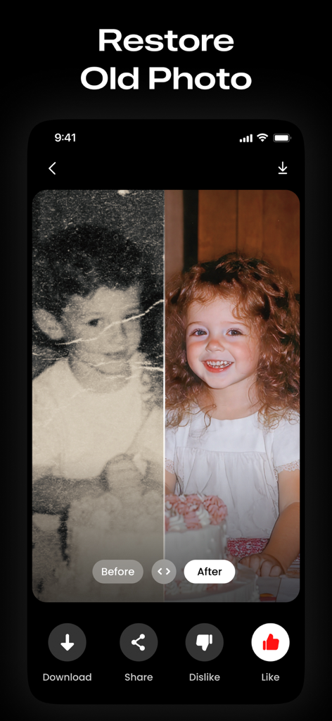 Before and after side-by-side comparison showing an old damaged photo restored and colorized with AI enhancement.