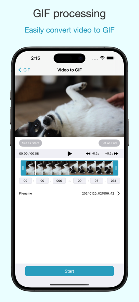 FormatX - All Media Converter - Interface of FormatX app showing the video to GIF converter feature with a dog video being edited